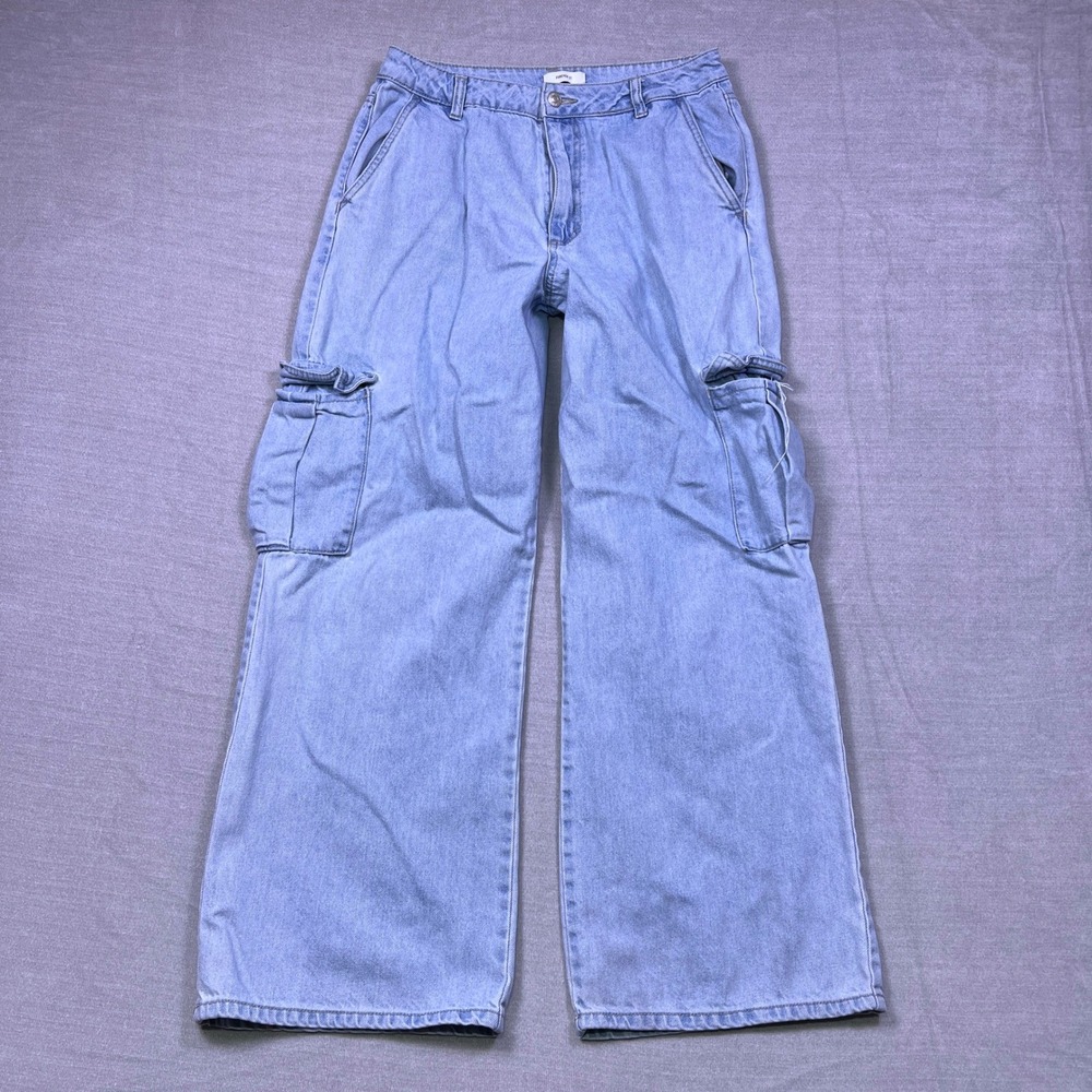 Forever 21 Women Light Wash Wide Leg Cargo Jeans Size 29 100 Percent Cotton‎